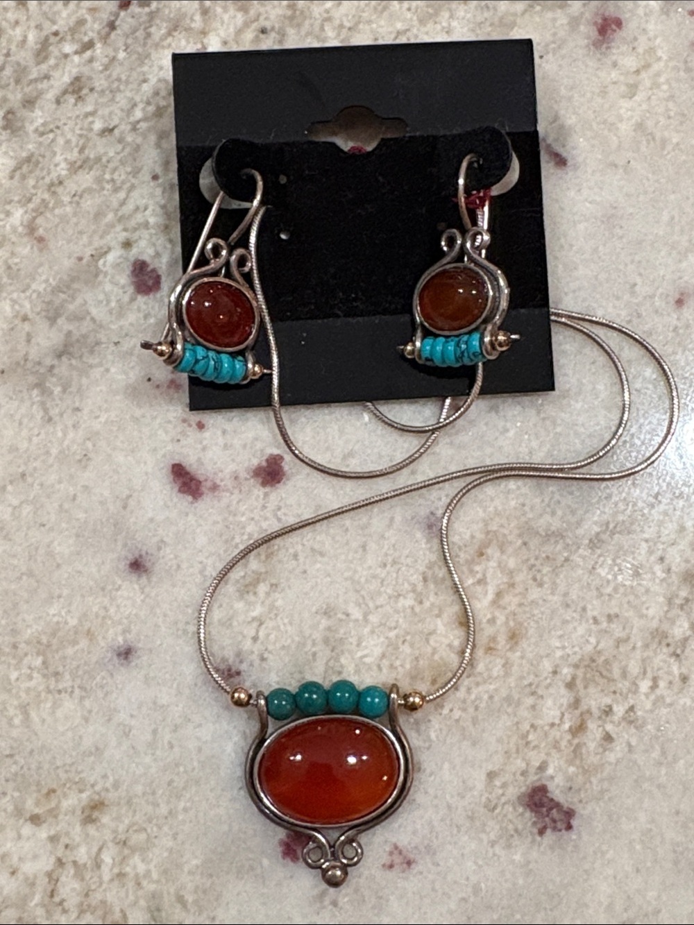 Handcrafted Carnelian and Turquoise Pendant Necklace and Earring Set Gold Accent
